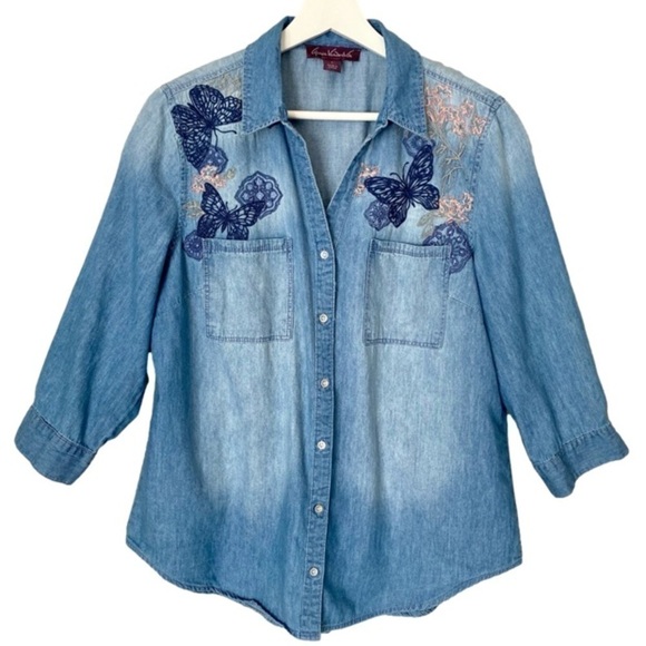 GLORIA VANDERBILT Chambray Shirt Butterfly Medley Embroidered Blue Women Size L - Picture 2 of 16